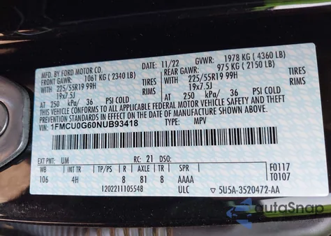 2022 Ford Escape Se z USA, uszkodzony, nr VIN 1FMCU0G60NUB93418